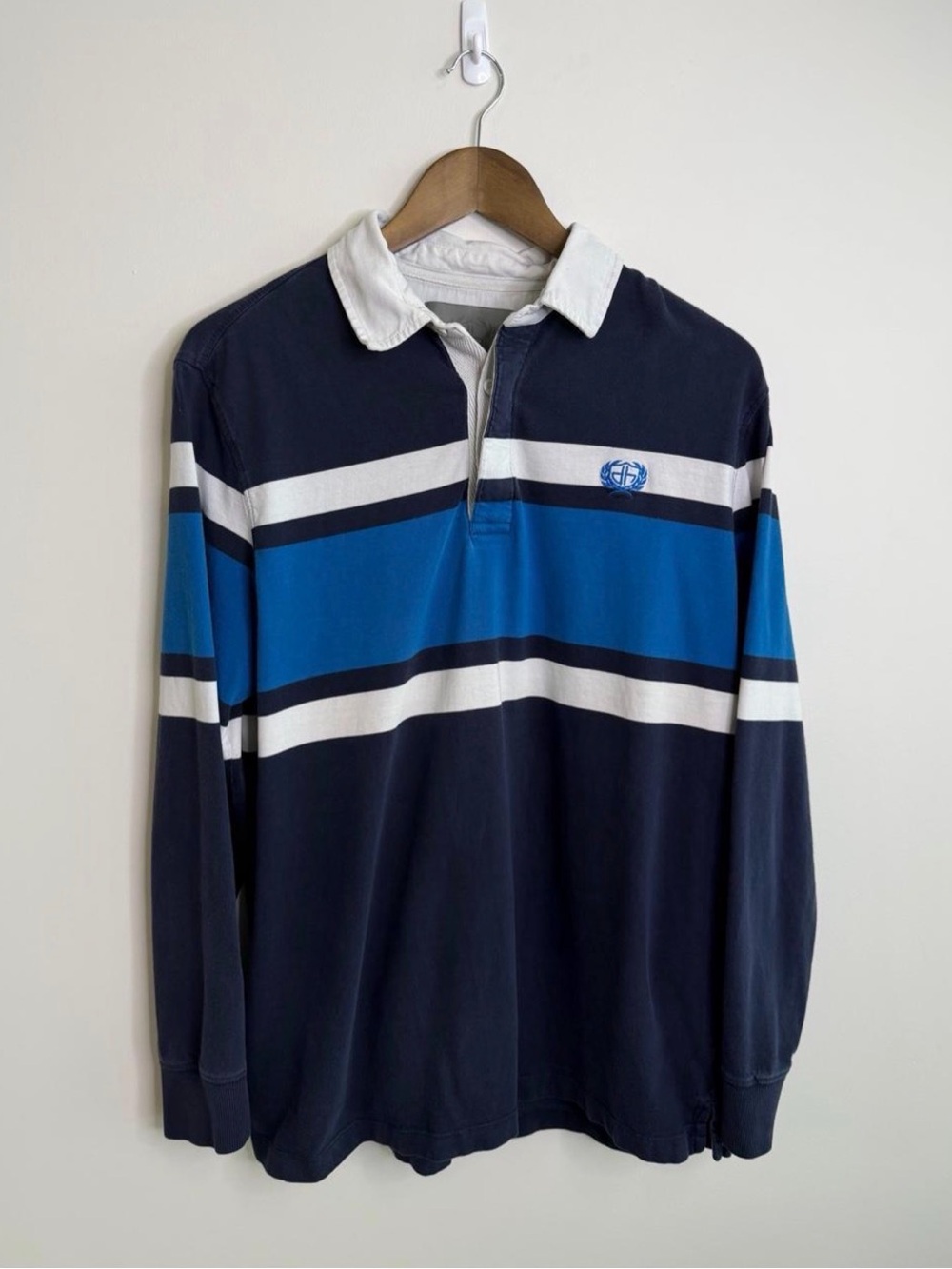 Denver Hayes Rugby Shirt Navy Blue Striped Long Sleeve Heritage Preppy Large